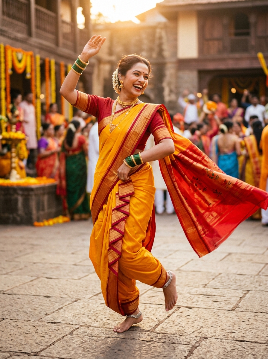पिवळी-लाल नऊवारी सणासुदीसाठी रेडीमेड